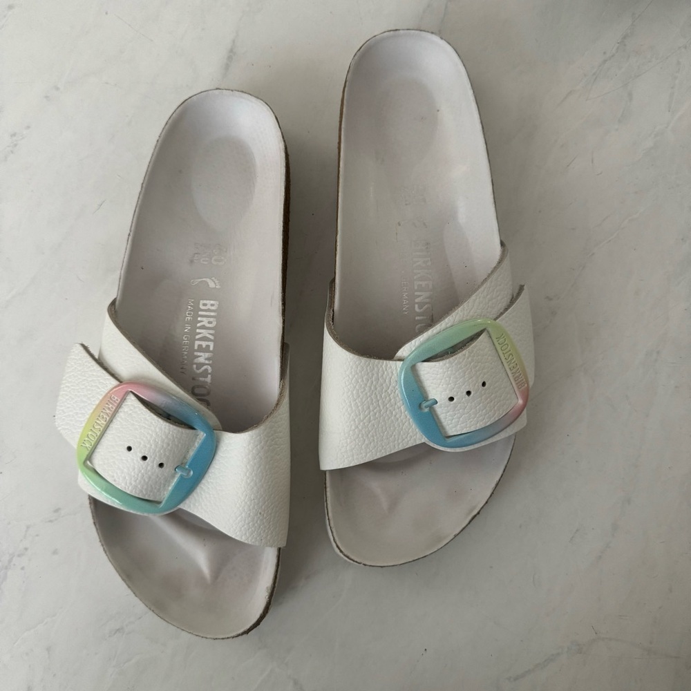 BIRKENSTOCK Madrid Big Buckle • rainbow buckle • white leather • size 39 (8-8.5)